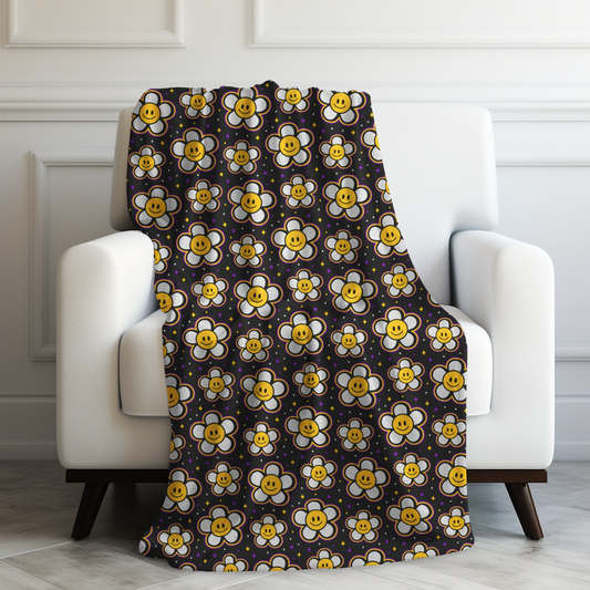 Retro Daisies with Smiley Faces Velveteen Plush Blanket 3 Sizes