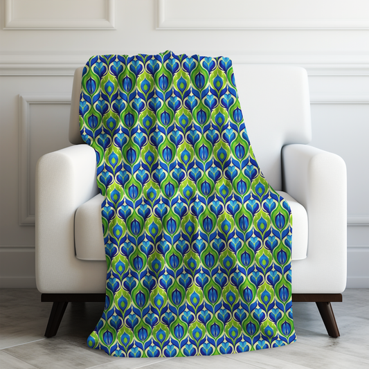 Retro Vibrant Peacock Blue and Green Floral Design Velveteen Plush Blanket 3 Sizes