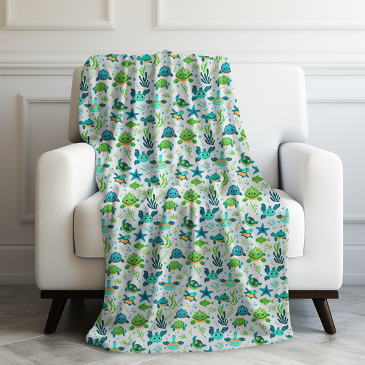 Sea Cuties: Adorable Cartoon Turtles, Fish and Star Fish Underwater Velveteen Plush Blanket 3 Sizes