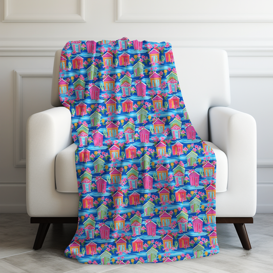 Seaside Serenade: Watercolor Beach Houses Amidst Blooming Florals Velveteen Plush Blanket 3 Sizes