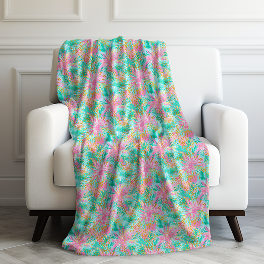 Soft Petal Symphony: Pastel Pink and Green Watercolor Flower Bursts Velveteen Plush Blanket 3 Sizes