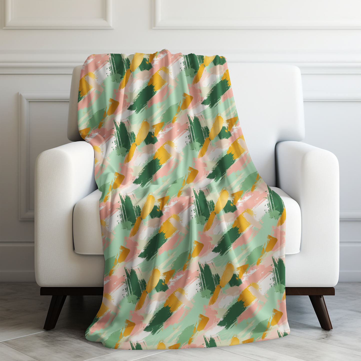 Spring Brushstrokes Abstract in Light Green, Pink, and Gold Velveteen Plush Blanket 3 Sizes