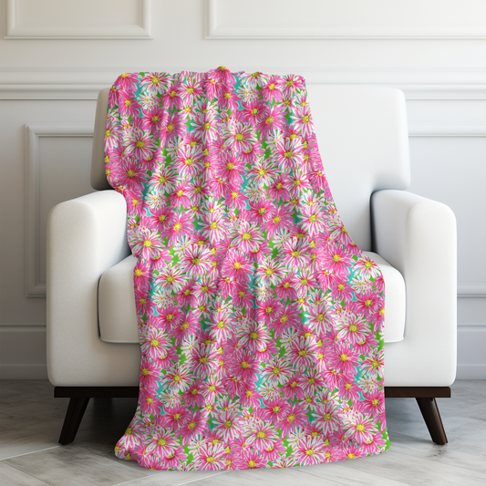 Springs Whisper: Watercolor Pink Daisies Dancing on a Lush Green Stage Velveteen Plush Blanket 3 Sizes