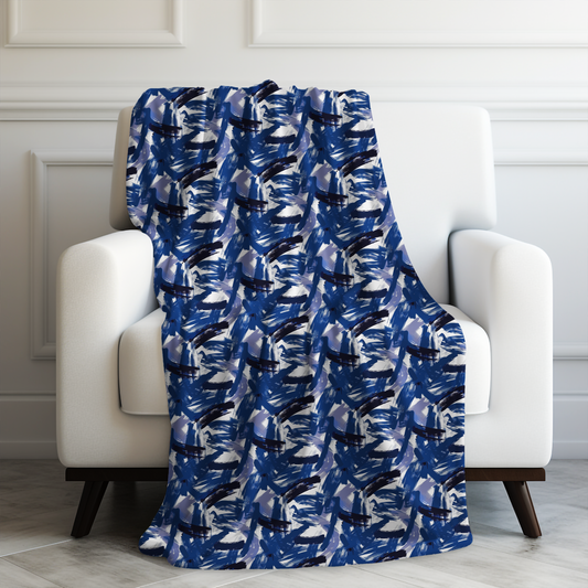 Midnight Frenzy Bold Abstract Brush Strokes in Shades of Deep Blue and White Velveteen Plush Blanket 3 Sizes