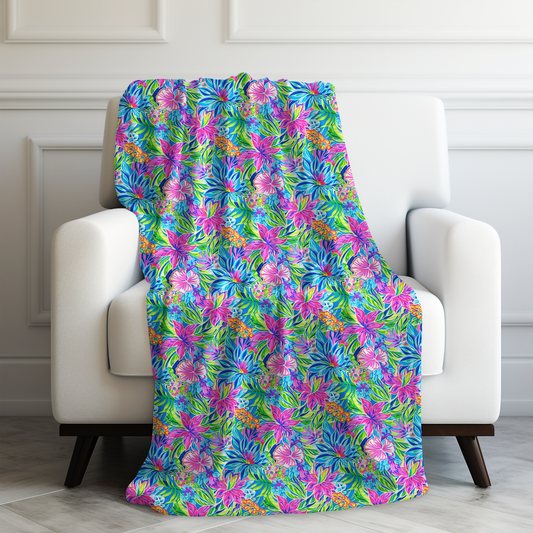 Summer Harmony: Pink and Blue Blooms with Lush Green Leaves Velveteen Plush Blanket 3 Sizes