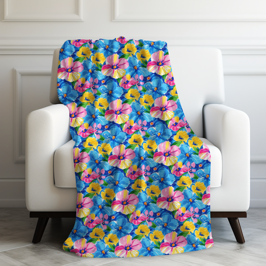 Sunny Serenade: Large Blooms of Yellow, Blue, and Gold in Watercolor Velveteen Plush Blanket 3 Sizes