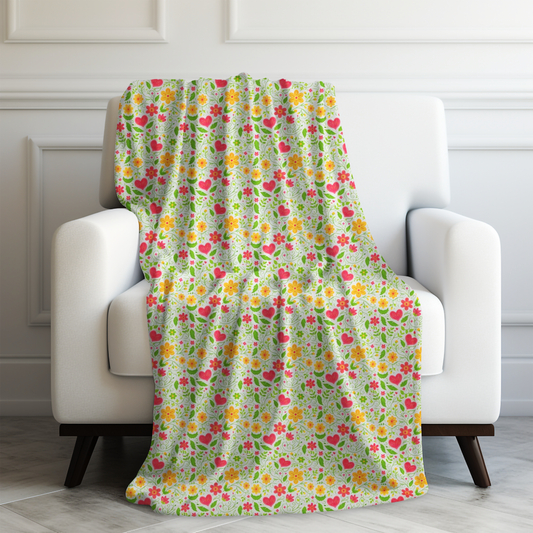 Sunshine Love: Spring Flowers and Hearts in Yellows and Pinks Velveteen Plush Blanket 3 Sizes