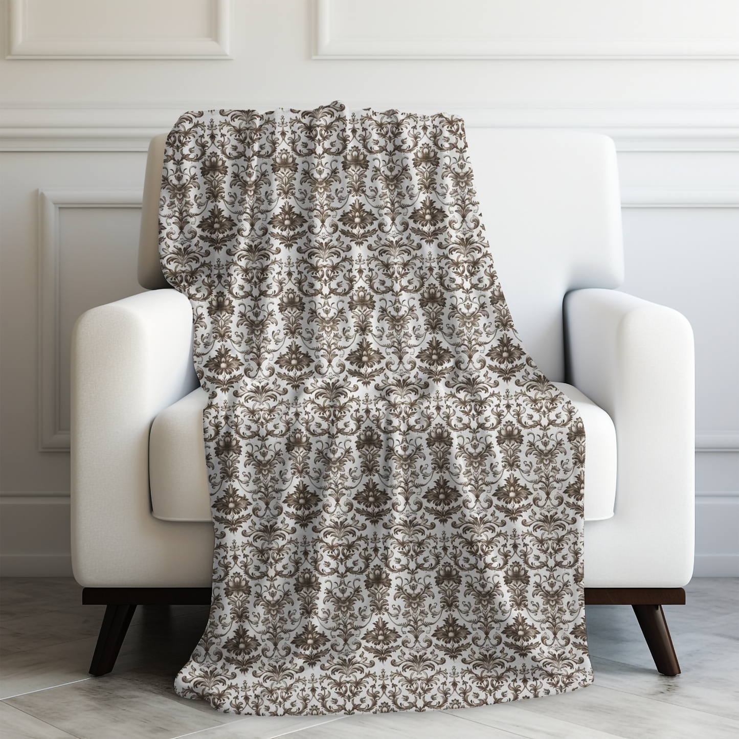 Timeless Rococo Elegance in Detailed Brown and White Floral Pattern Velveteen Plush Blanket 3 Sizes