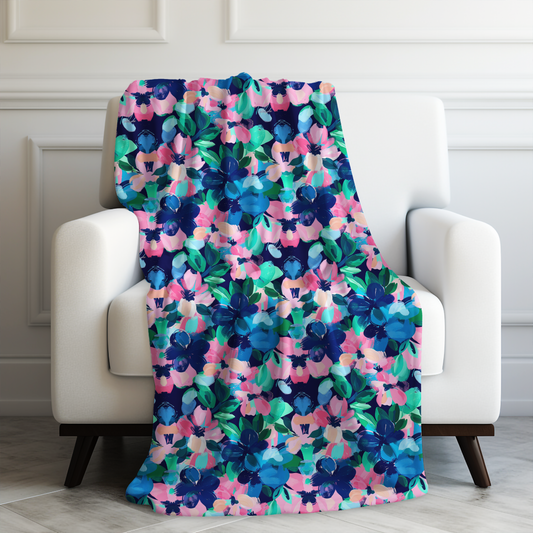 Tranquil Blooms: Muted Blue, Pink, and Green Watercolor Flowers Velveteen Plush Blanket 3 Sizes