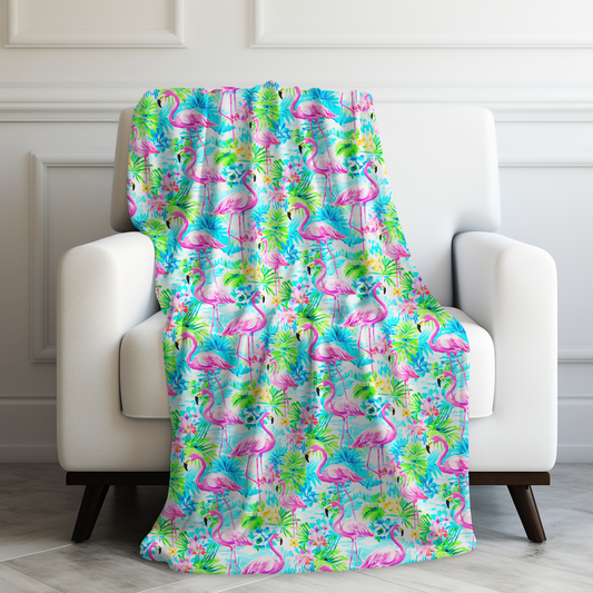 Tropical Flamingo Haven: Surrounded by Flowers and Palm Trees Velveteen Plush Blanket 3 Sizes