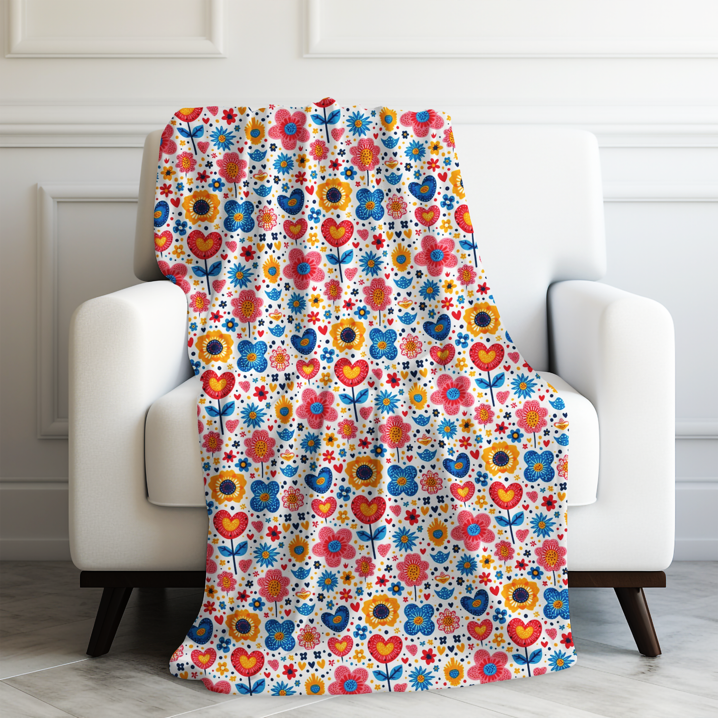 Joyful Blooms: Whimsical Spring Flowers and Hearts in Vibrant Colors Velveteen Plush Blanket 3 Sizes