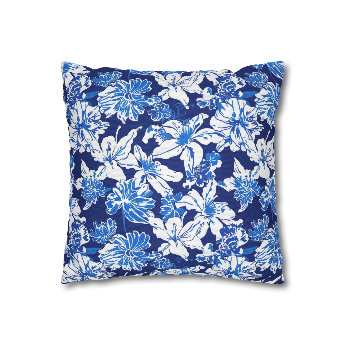 Oceanic Bloom: Watercolor Tropical Flowers in White and Blue against a Deep Blue Background Spun Polyester Square Pillowcase 4 Sizes