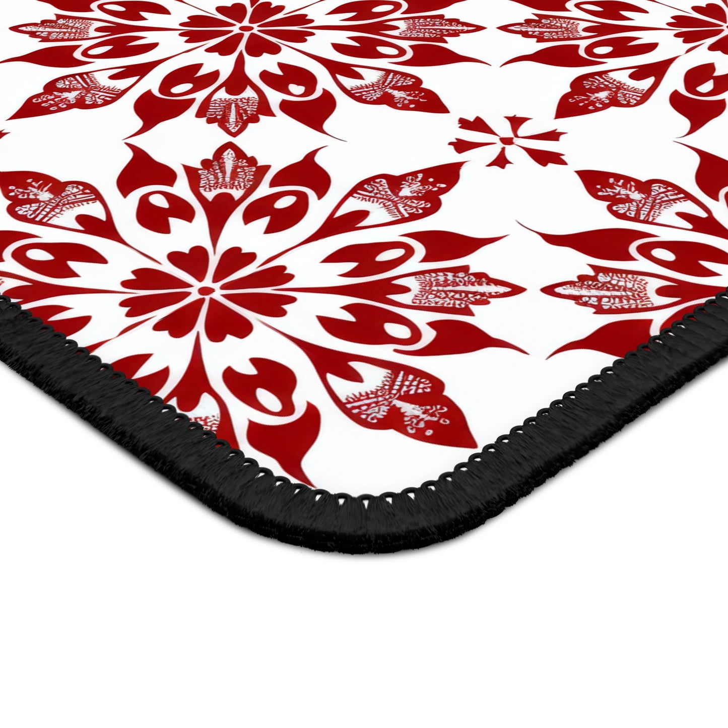 Vintage Radiance Ornate Red and White Floral Burst Pattern Mouse Pad with Finished Edges