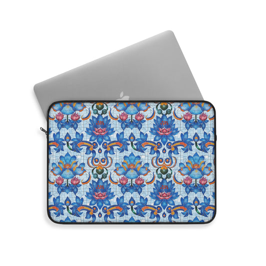 Majestic Mosaic Blossoms Vibrant Blue and Pink Floral Tile Design Laptop or Ipad Protective Sleeve 3 Sizes Available