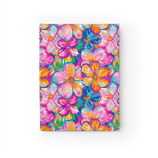 Chromatic Blossoms: Large Watercolor Flowers in Mixed Pinks, Blues, and Oranges Hardcover Ruled Line Journal