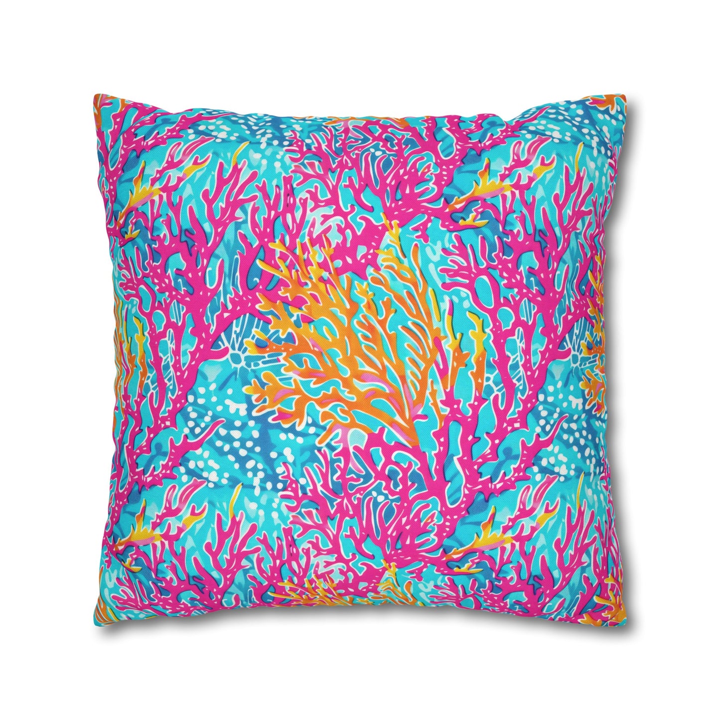 Coral Symphony: Bright Pink, Yellow, and Coral Dancing in the Blue Ocean Spun Polyester Square Pillowcase 4 Sizes