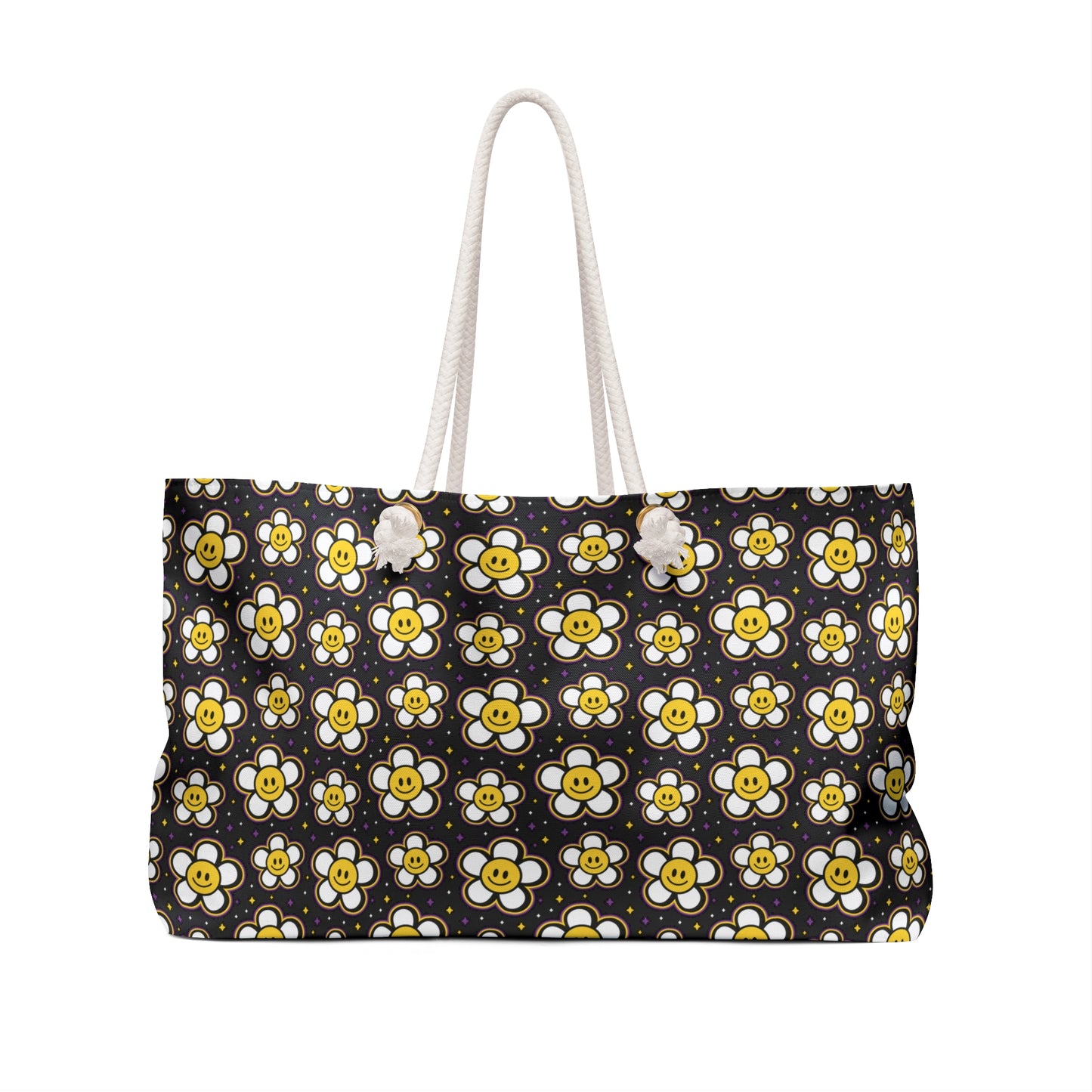 Retro Daisies with Smiley Faces  - Weekender Oversized Canvas Tote Bag 24" × 13"