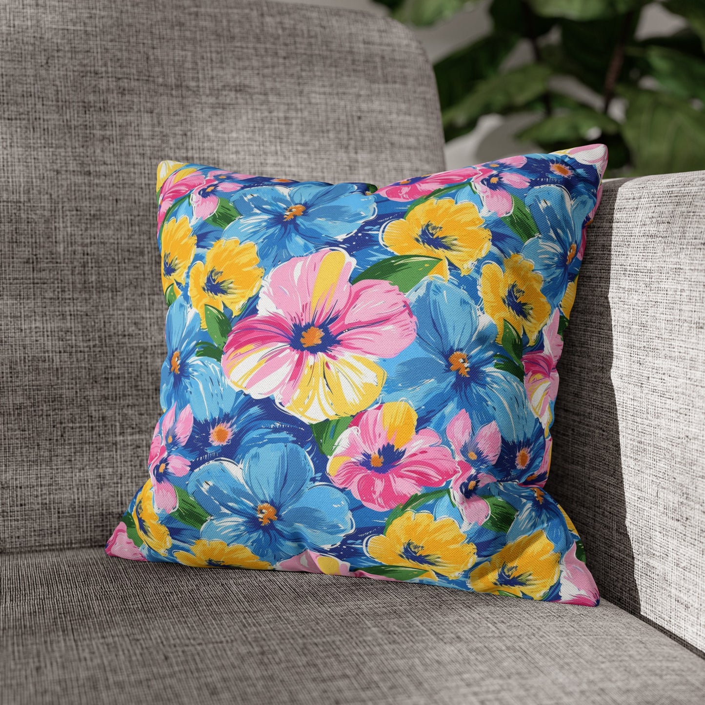 Sunny Serenade: Large Blooms of Yellow, Blue, and Gold in Watercolor Spun Polyester Square Pillowcase 4 Sizes