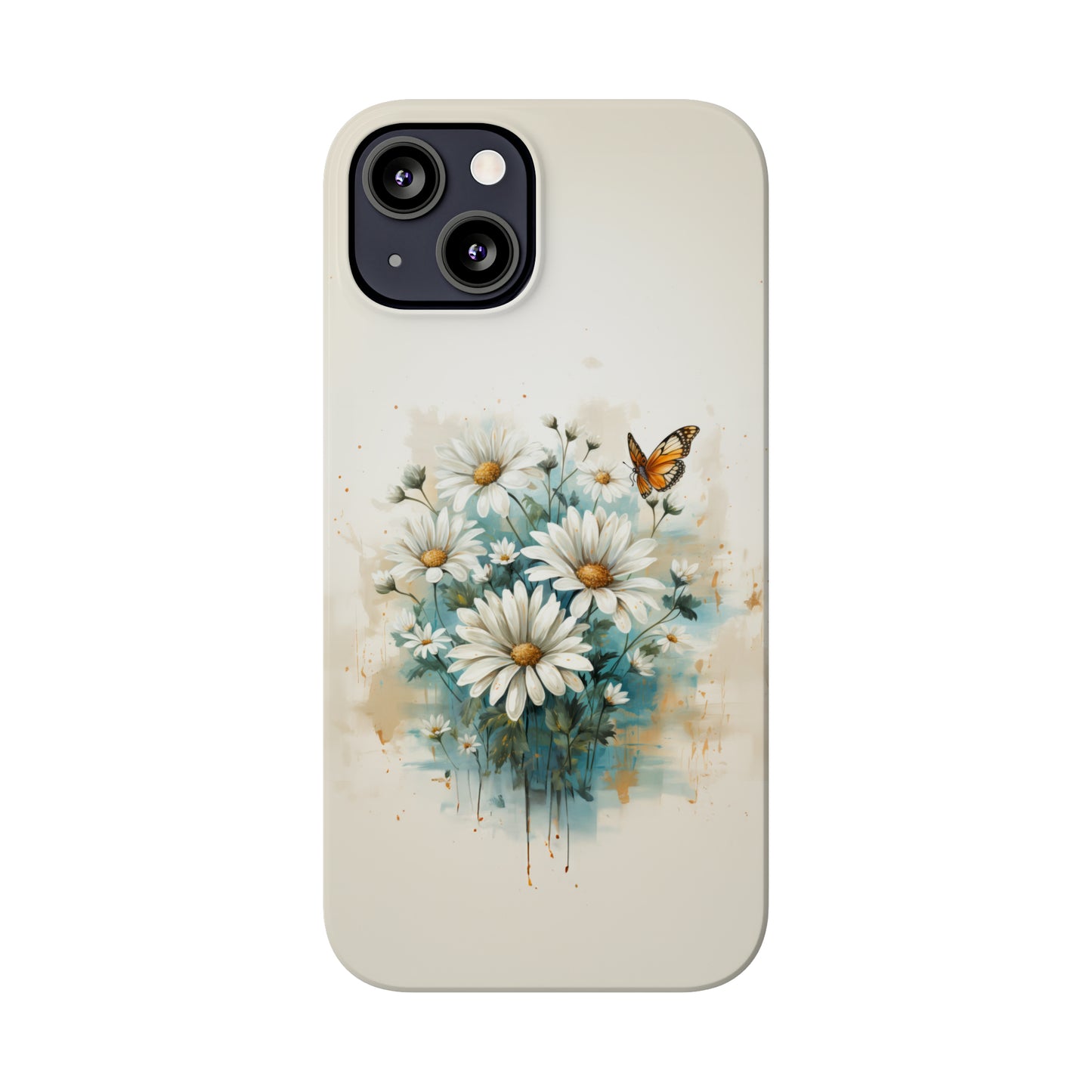 Rustic Farmhouse Teal and White Wild Daisies and Butterflies Iphone 15-12 Slim Phone Case