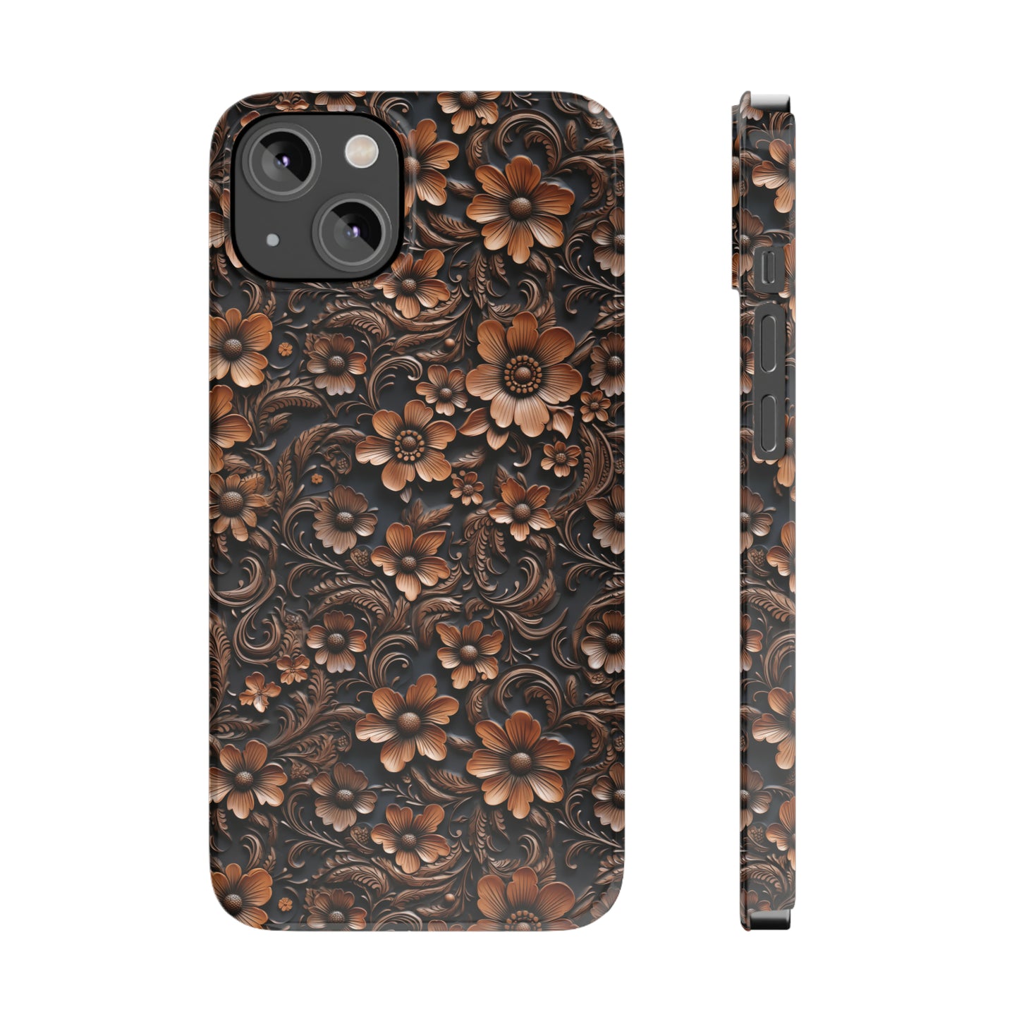 Tooled Deep Brown Leather Flowers Print Design Iphone 15-12 Slim Phone Case