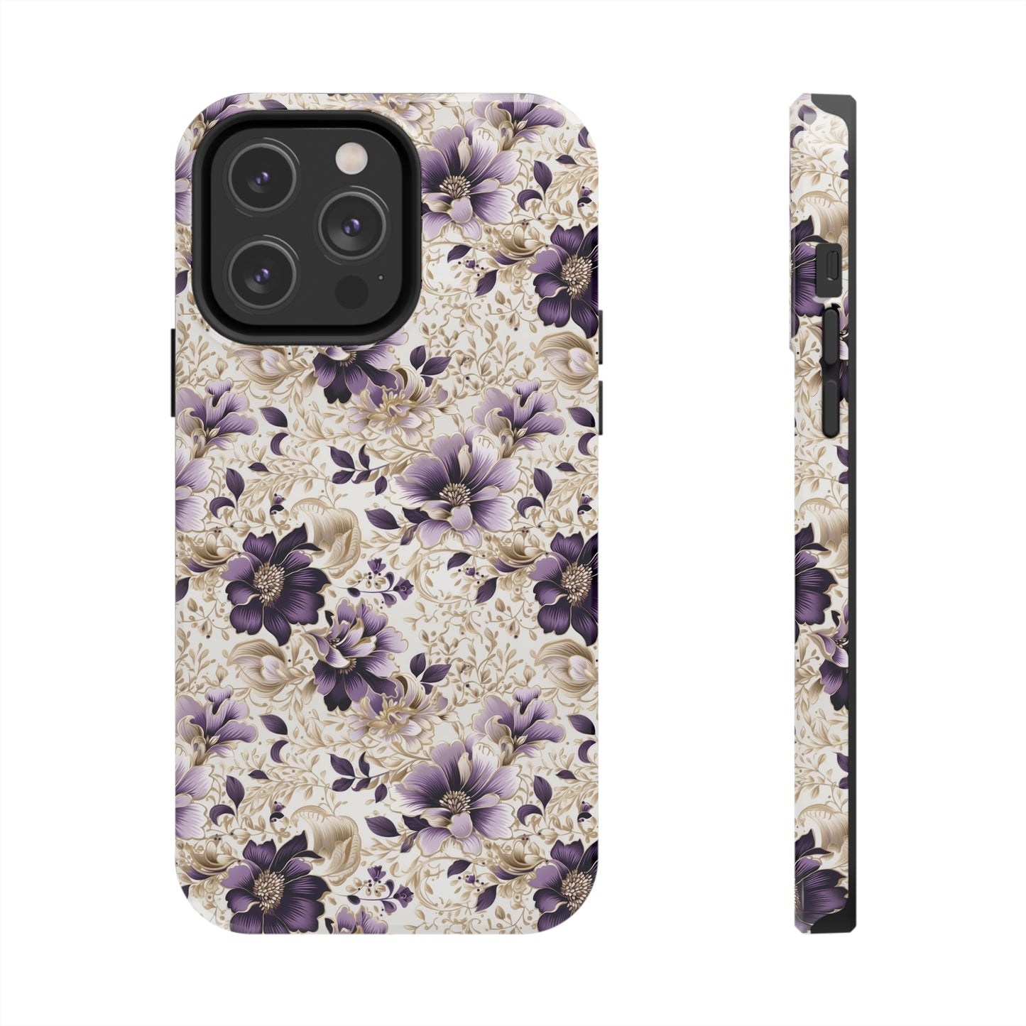 Purple Majesty: Watercolor Floral Design with Gold Foliage Accents Iphone Tough Phone Case