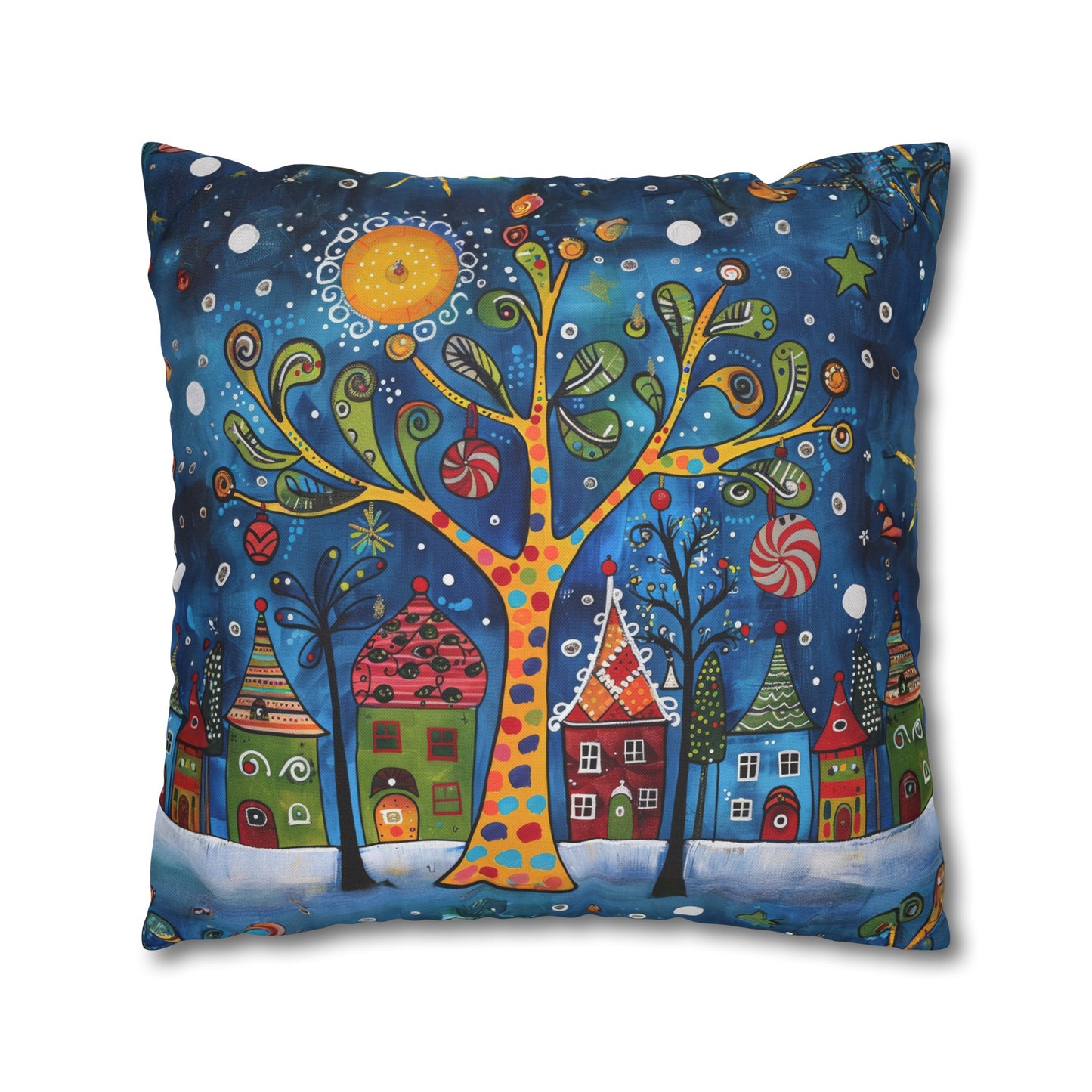 Winter Village Abstract Folk Art Christmas Scene Spun Polyester Square Pillowcase 4 Sizes