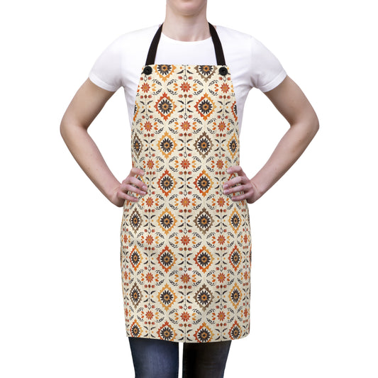 Rustic Charm of Folk Art in Burnt Orange, Deep Brown, and Creamy Beige Kitchen Chef Apron