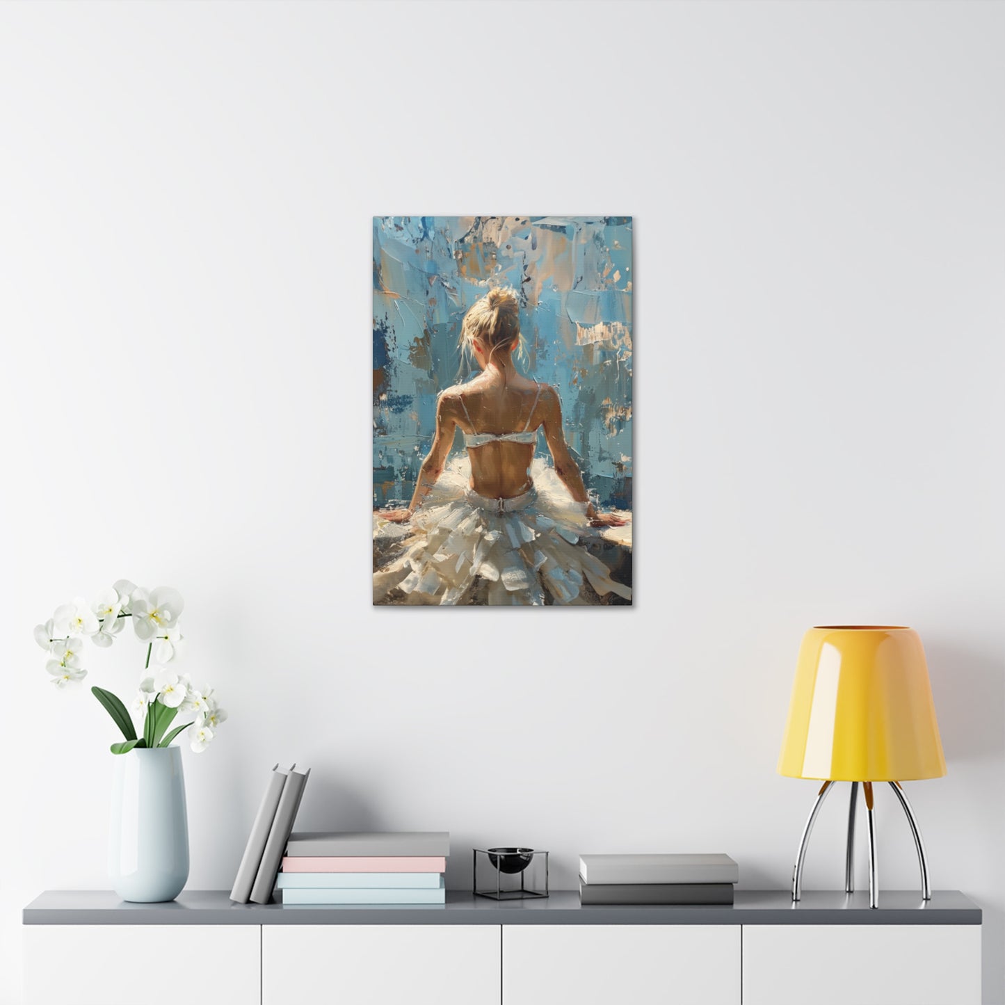 Sunlit Serenity Ballerina in White Dress, Bathed in Sunlight and Blue Skies with Back Turned Print on Canvas Gallery - 13 Sizes