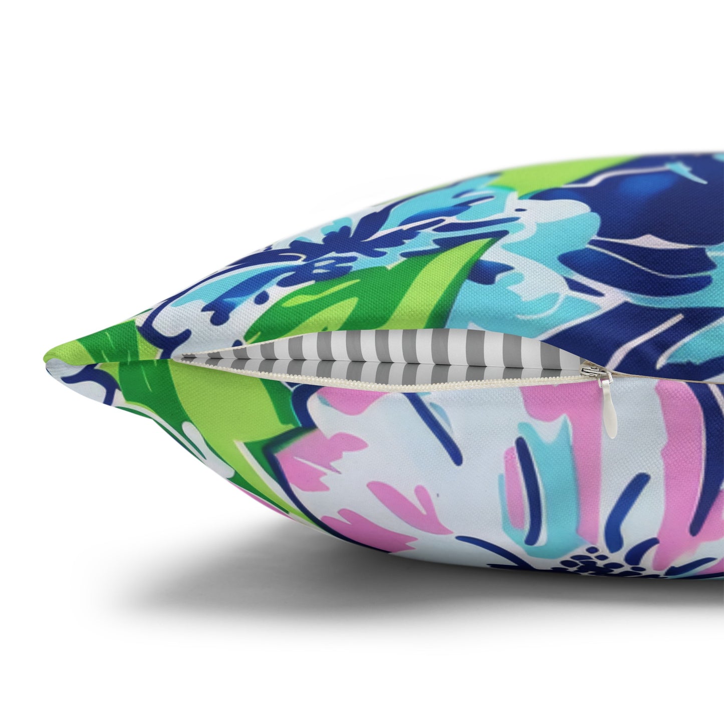 Seaside Coastal Pink, Navy, and Green Tropical Blooms Spun Polyester Square Pillowcase 4 Sizes