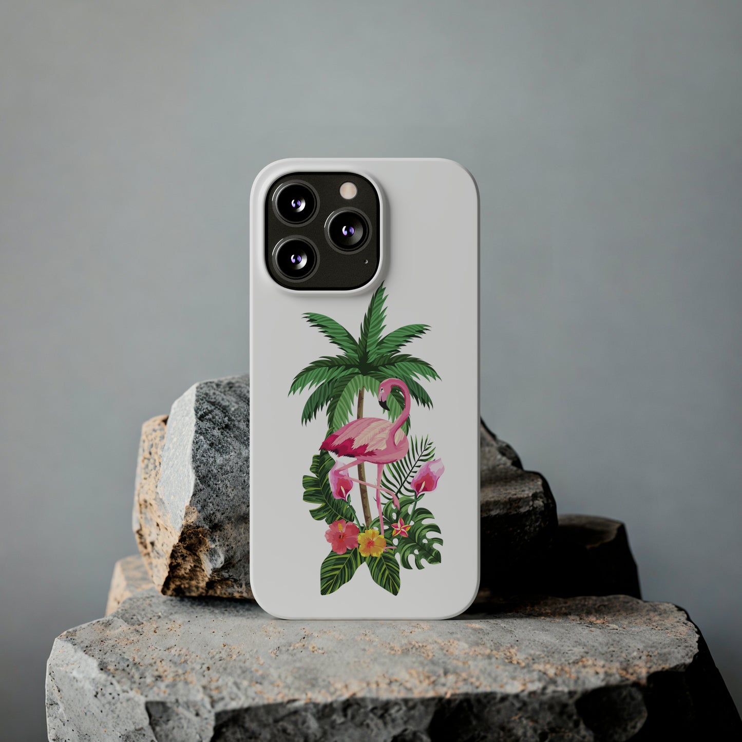 Tropical Pink Flamingo and Flowers White Background Iphone 15-12 Slim Phone Case