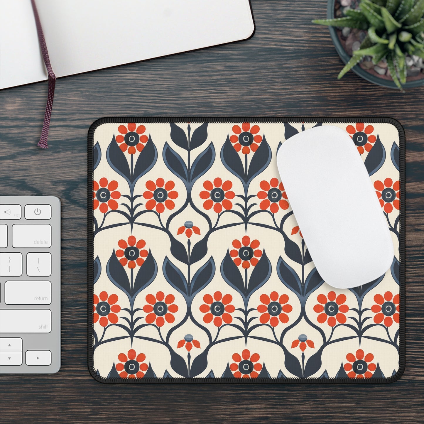 Vintage Charming Danish Floral Pattern of Red and Navy Blue Flowers Gaming Mouse Pad with Finished Edges