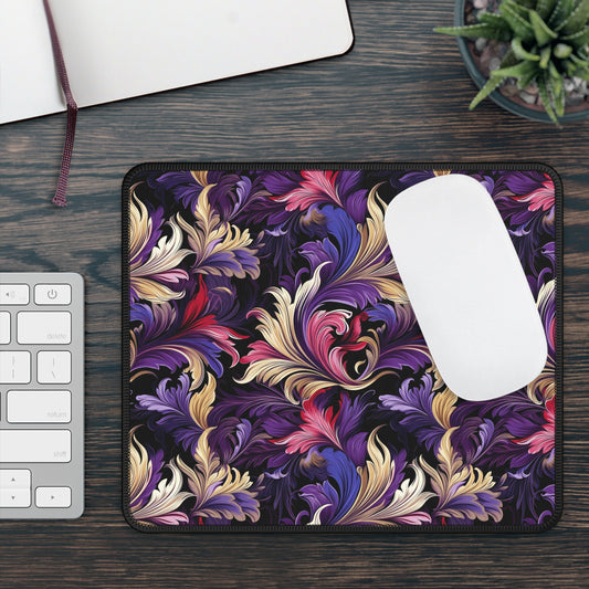 Purple, Gold & Pink Floral Swirls of Foliage Design Gaming Mouse Pad with Finished Edges