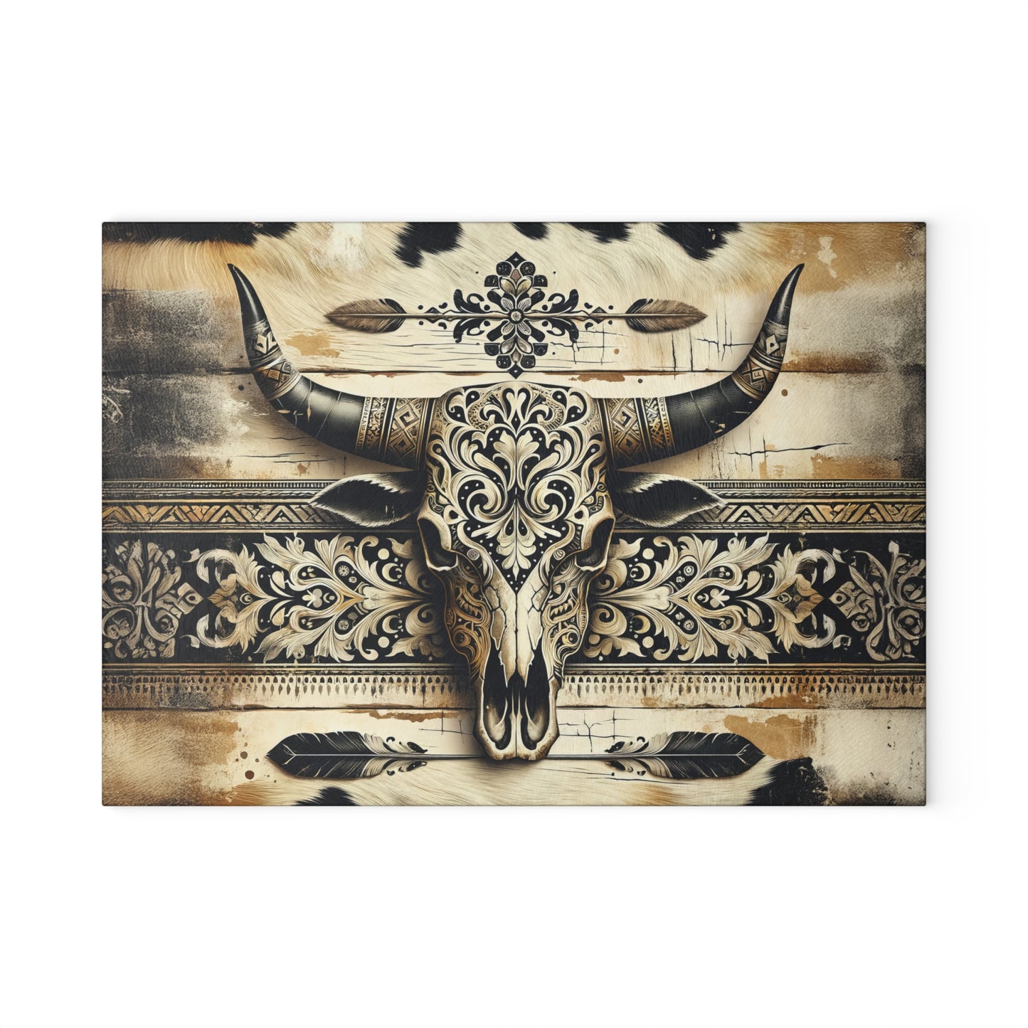 Western Cow Skull Cow Hide Background Glass Cutting Board, Charcuterie Serving Tray 2 Sizes