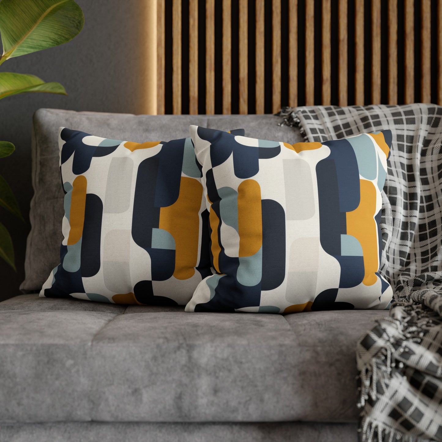 Modern Retro with Bold Geometric Pattern in Mustard and Navy Spun Polyester Square Pillowcase 4 Sizes