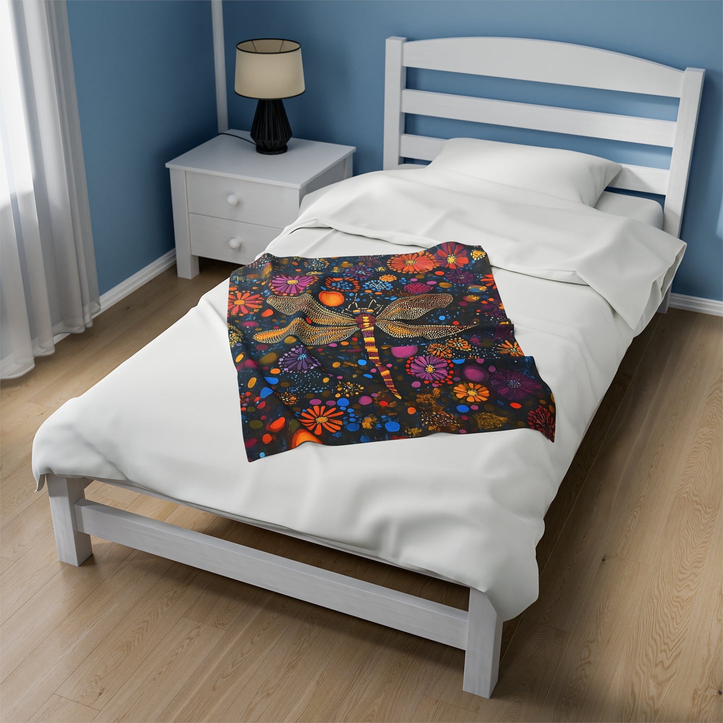 Vibrant Dragonfly Amidst a Kaleidoscope of Dot-Painted Blooms Velveteen Plush Blanket 3 Sizes