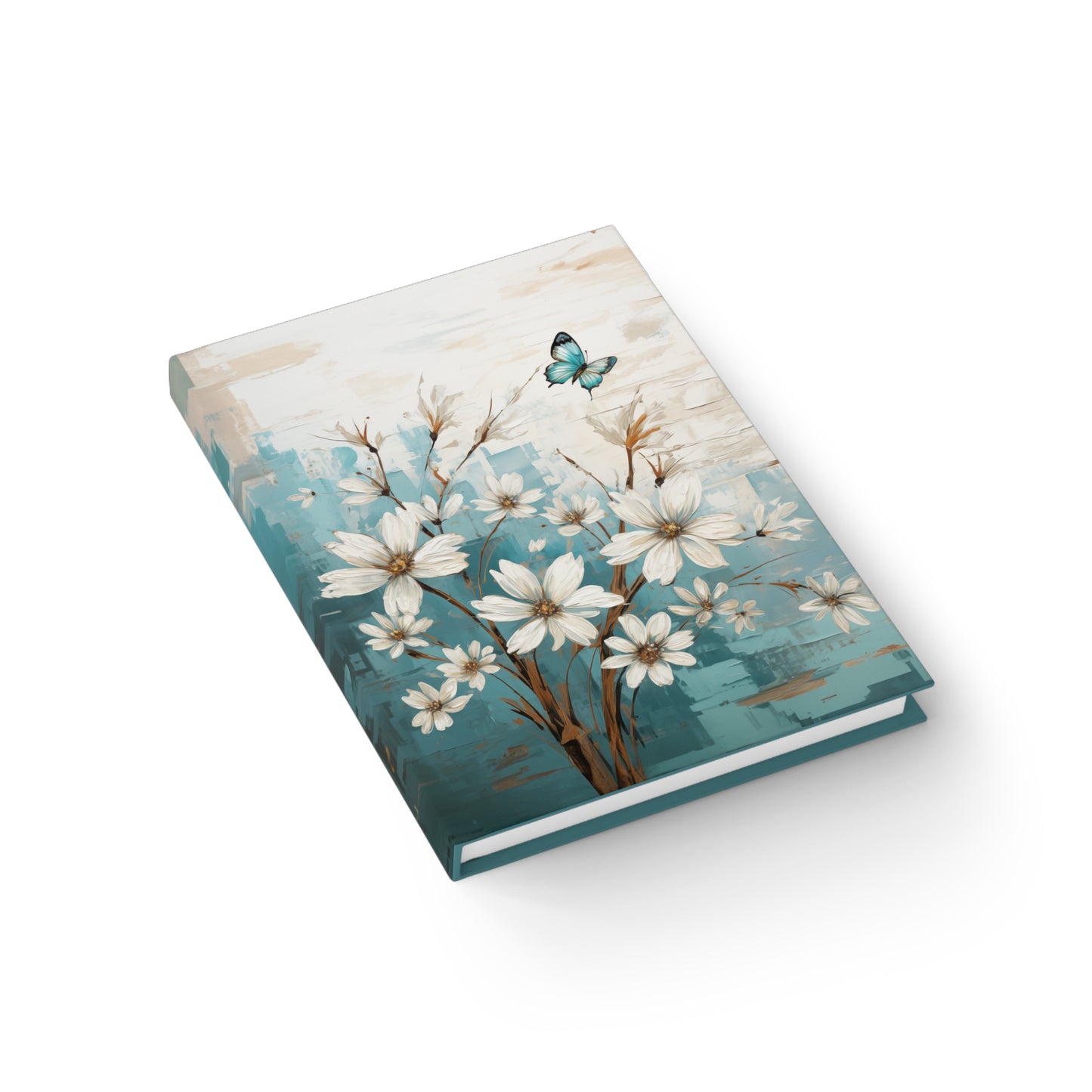 Rustic Farmhouse Teal and White Wild Daisies and Butterflies - Hardcover Ruled Line Journal 5" x 7"