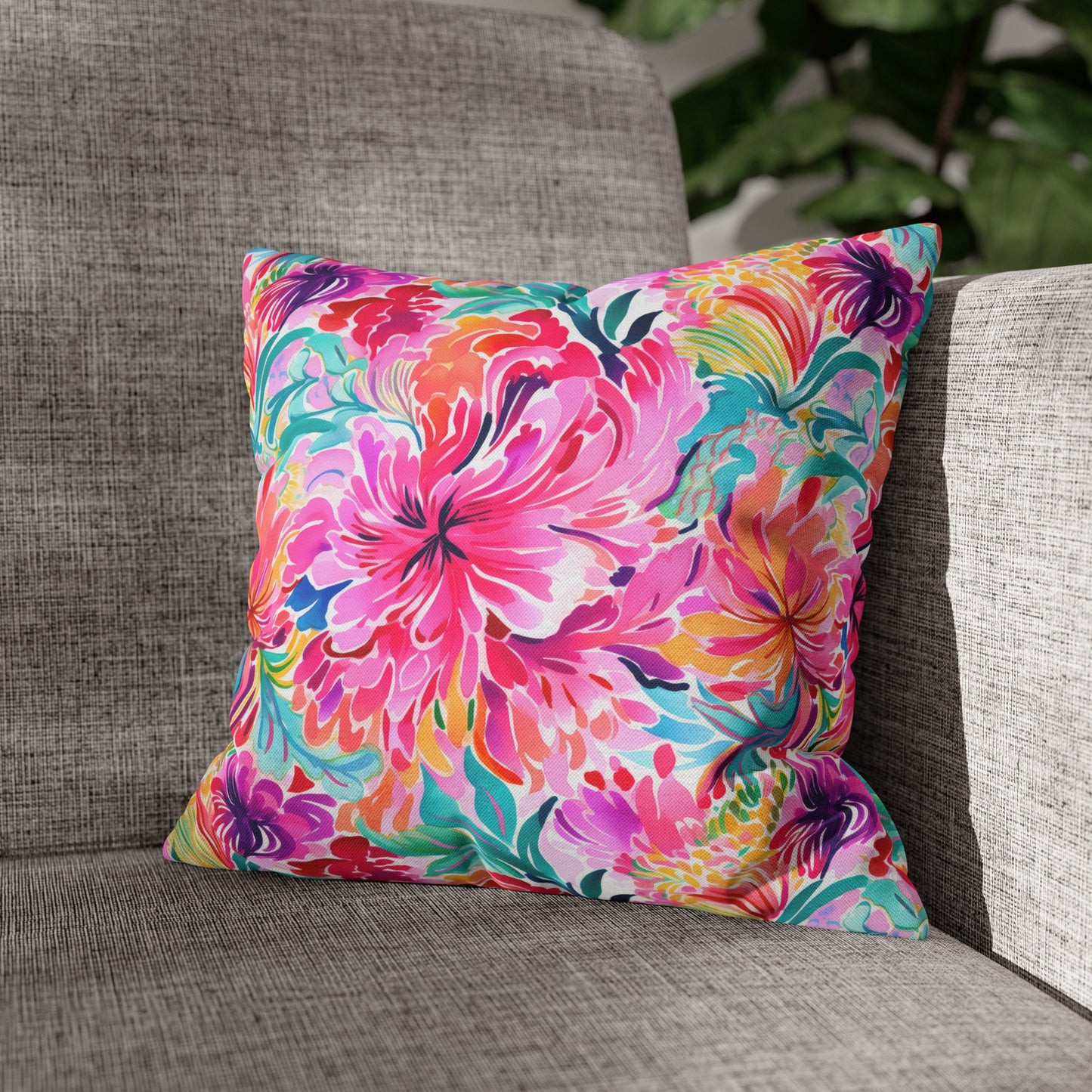 Rainbow Tropics: Watercolor Flowers in Vibrant Pink, Green and Orange Hues Spun Polyester Square Pillowcase 4 Sizes