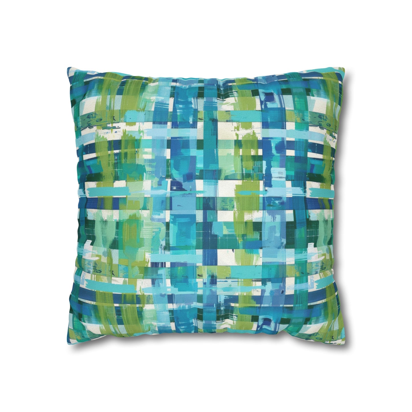 Enchanted Lagoon: Vibrant Green and Blue Abstract Plaid Spun Polyester Square Pillowcase 4 Sizes