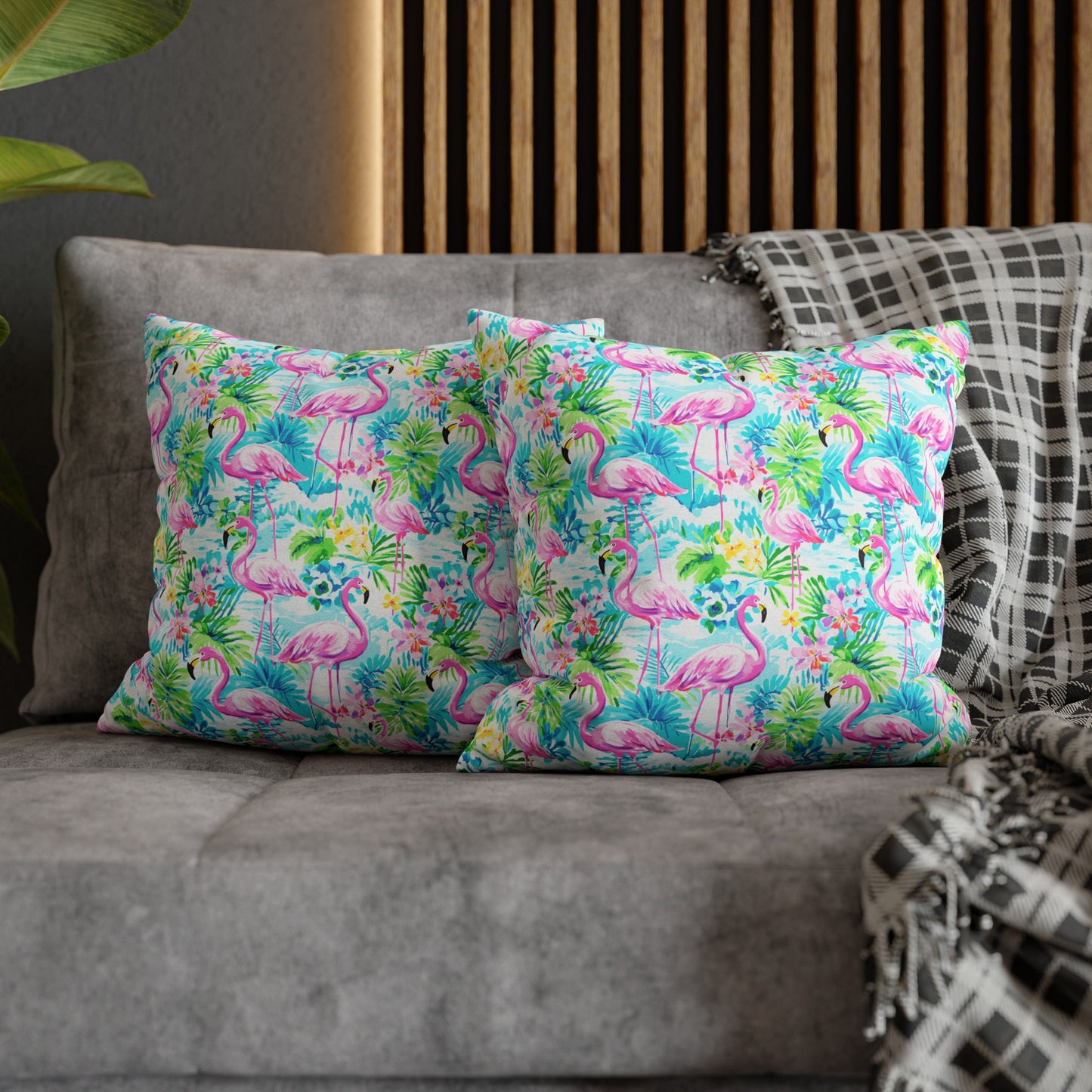 Tropical Flamingo Haven: Surrounded by Flowers and Palm Trees Spun Polyester Square Pillowcase 4 Sizes