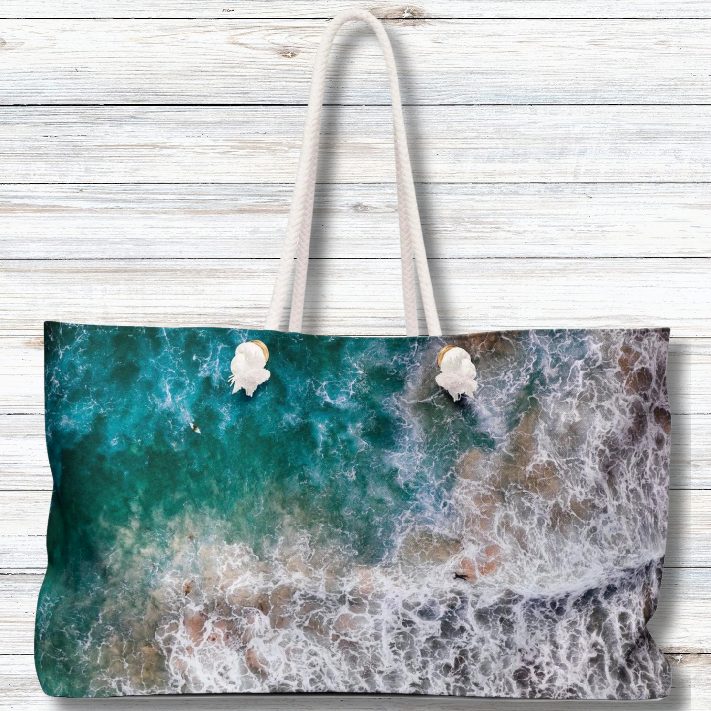 Ocean's Embrace: Deep Green Waters with White Waves Crashing onto the Beach - Weekender Oversized Canvas Tote Bag 24" × 13"