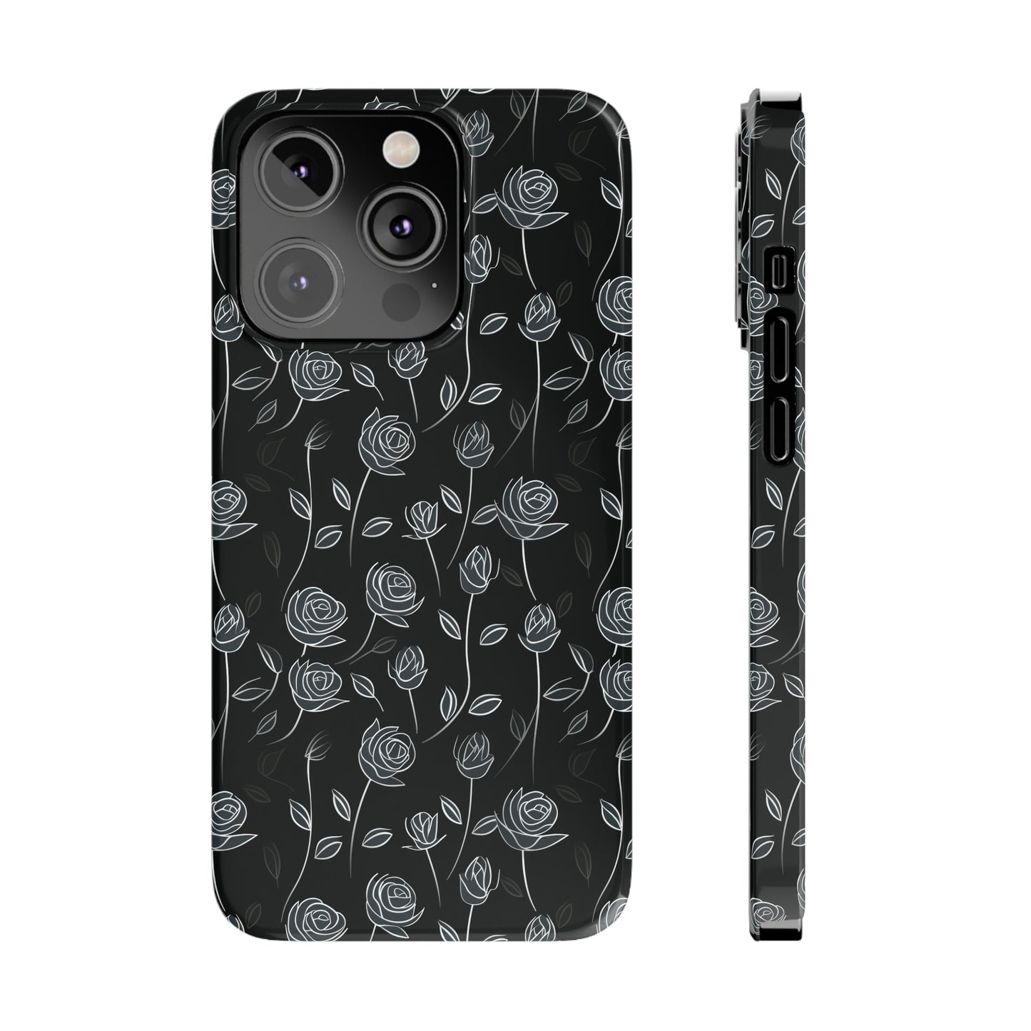 Contrasting Elegance: White Outlined Roses on a Black Background Iphone 15-12 Slim Phone Case