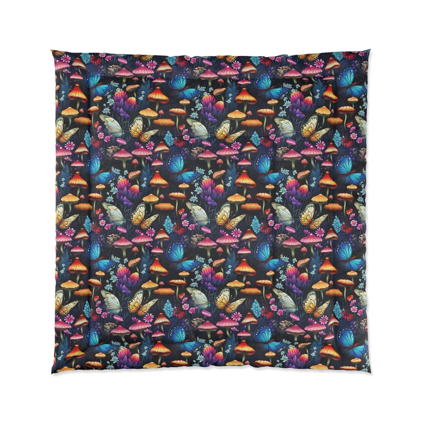 Neon Nocturne: Illuminated Butterfly and Mushroom Silhouettes Against the Night Sky - Comforter 4 Sizes