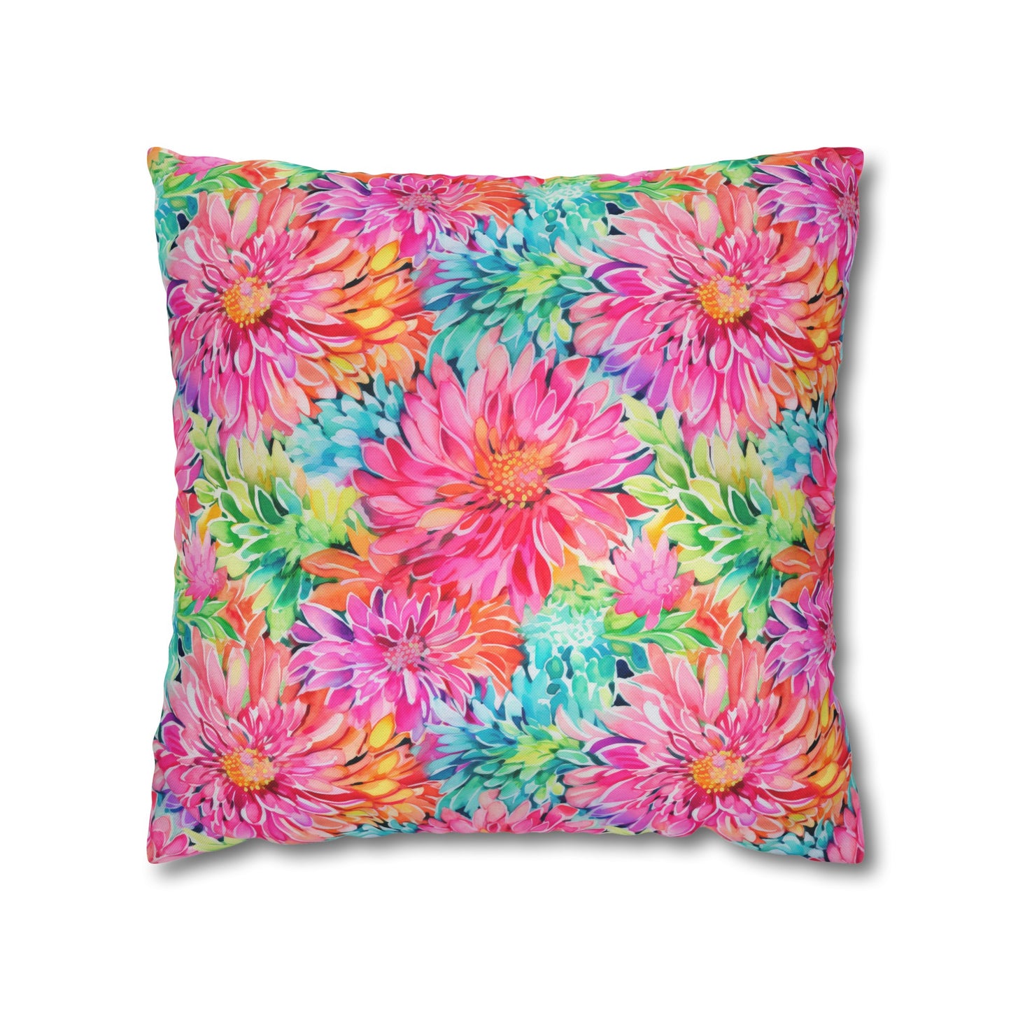 Blooming Spectrum: Large Vibrant Watercolor Flowers in Full Bloom Spun Polyester Square Pillowcase 4 Sizes