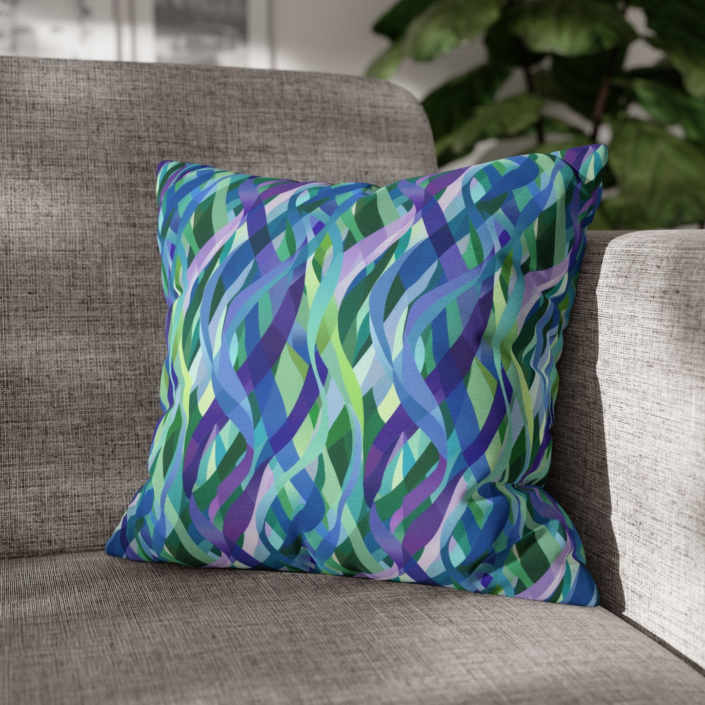 Vibrant Purple Blue and Green Ribbons Spun Polyester Square Pillowcase 4 Sizes