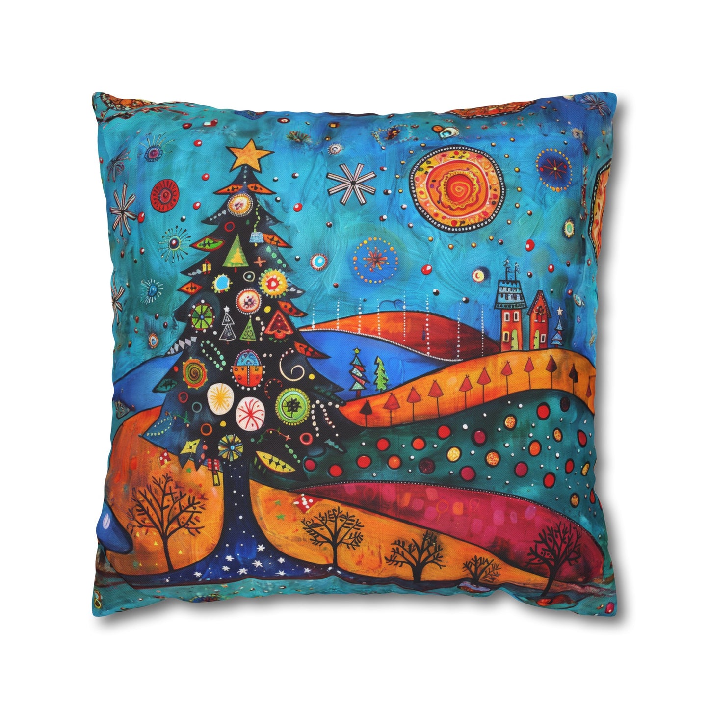 Folk Art Christmas Tree Nestled Amidst Rolling Hills Spun Polyester Square Pillowcase 4 Sizes