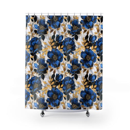 Grand Large and Elegant Flowers in Rich Navy and Gold Design Bathroom Shower Curtain   71" × 74"