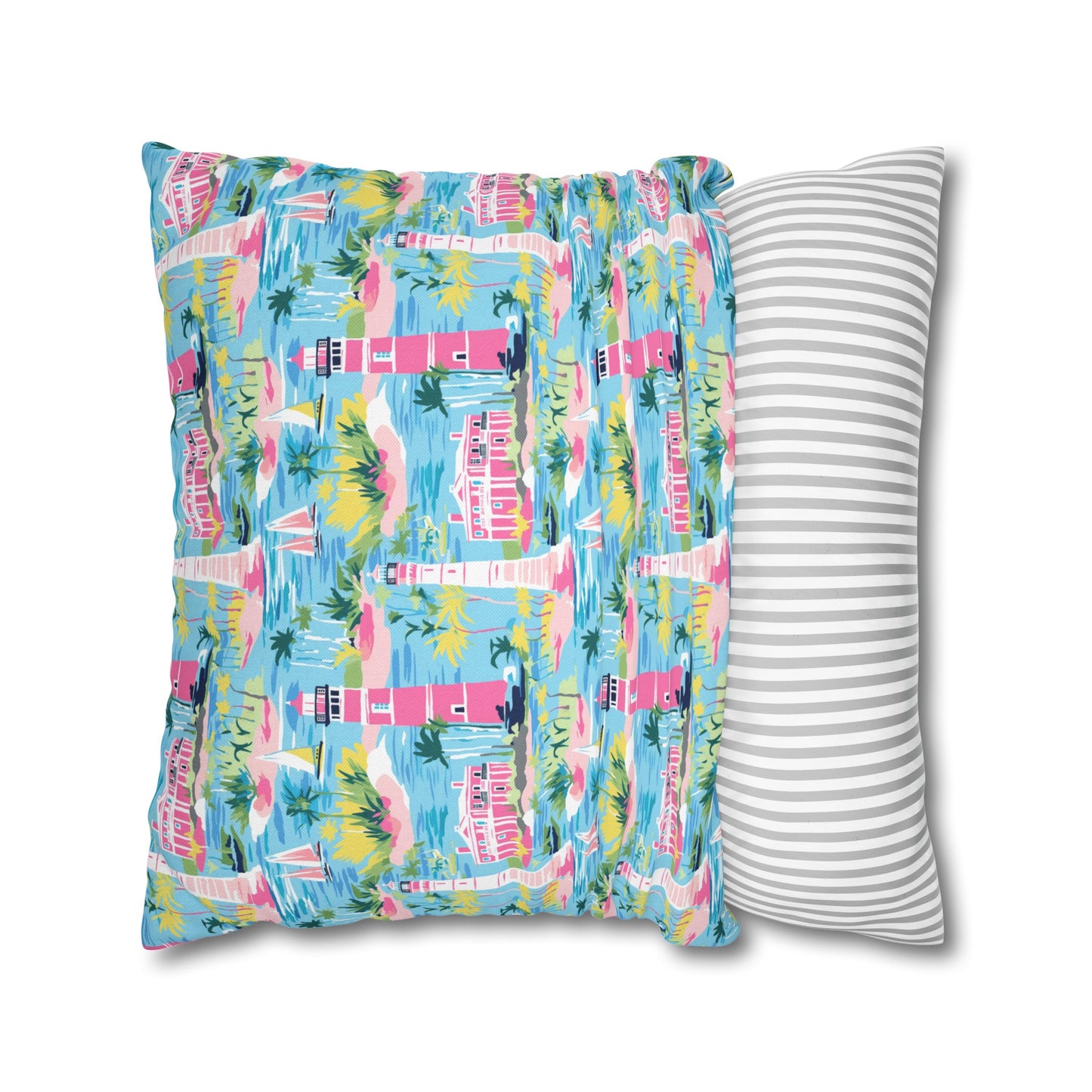 Coastal Charms: Sailboats and Lighthouses Adorning the Coastline Spun Polyester Square Pillowcase 4 Sizes