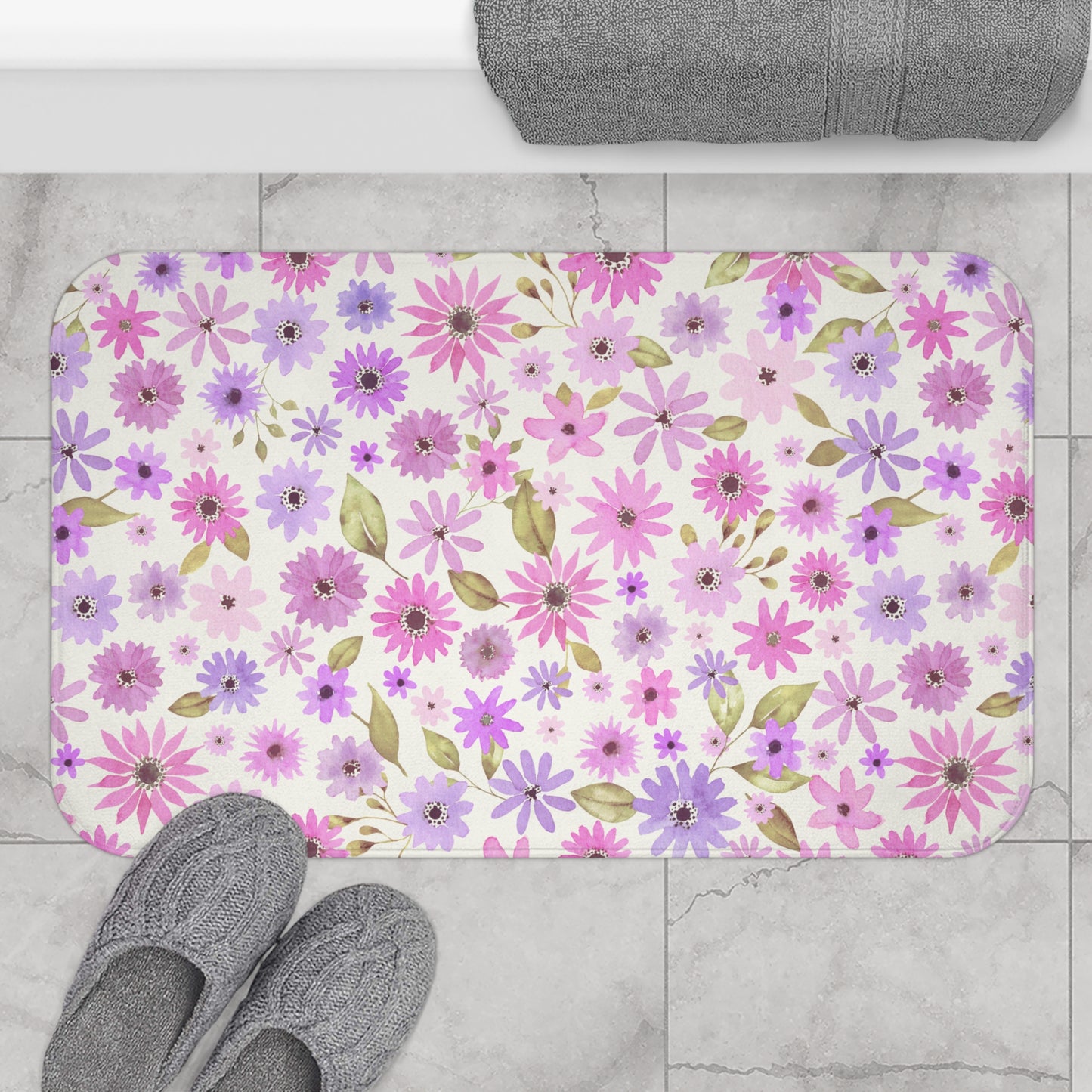 Pink and Purple Flower Design  - Bathroom Non-Slip Mat 2 Sizes