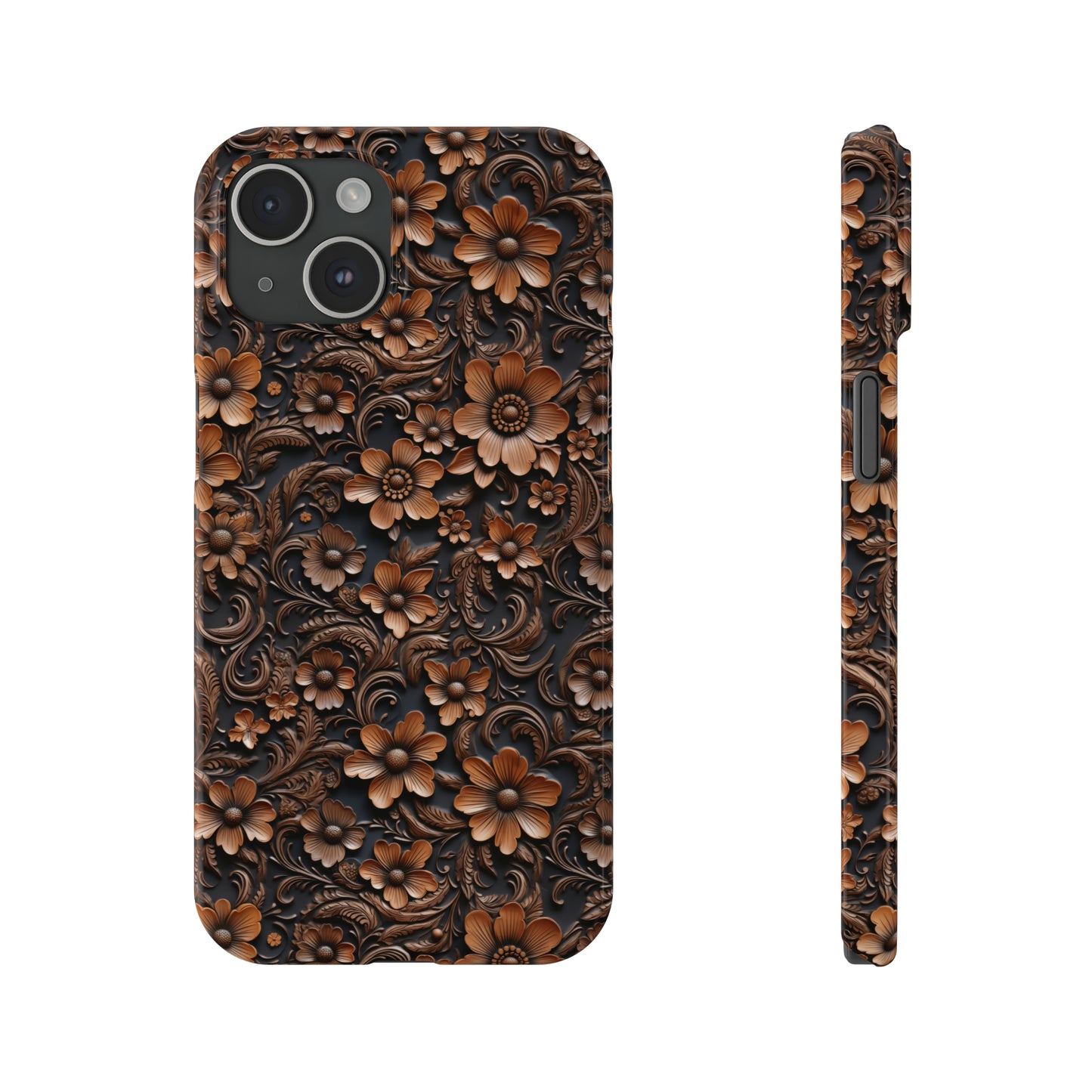 Tooled Deep Brown Leather Flowers Print Design Iphone 15-12 Slim Phone Case