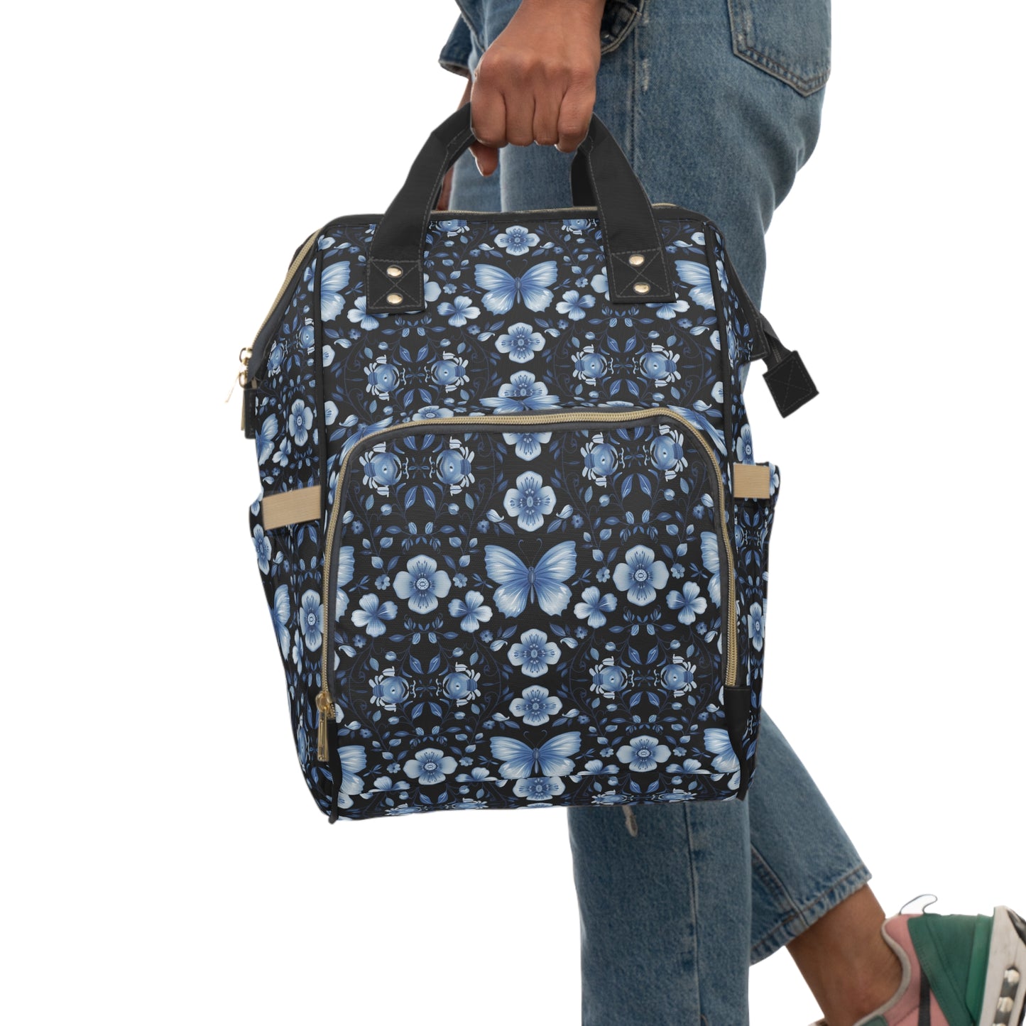 Enchanted Blue Butterflies and Blooms on Black Multifunctional Diaper Backpack